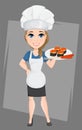 Chef woman with sushi. Cute cartoon character cook.