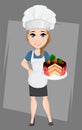 Chef woman with tasty sweet cake. Cute cartoon character cook