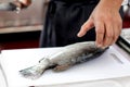 Chef at work,  chef filleting fish at the kitchen, Chef in restaurant kitchen filleting fish Royalty Free Stock Photo