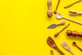 Chef work space with cookware on yellow background top view mock up Royalty Free Stock Photo