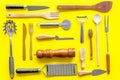 Chef work space with cookware on yellow background top view pattern Royalty Free Stock Photo