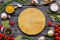 Chef work space with products and cutting board on wooden background top view mock up Royalty Free Stock Photo