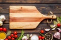 Chef work space with products and cutting board on wooden background top view mock up Royalty Free Stock Photo