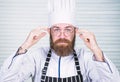 Chef at work starting shift. Guy in professional uniform ready cook. Master chef concept. Culinary is exciting. Chef Royalty Free Stock Photo