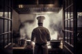 The chef works in the restaurant kitchen. AI generated