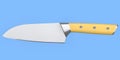 Chef's kitchen knife with a wooden handle isolated on blue background.