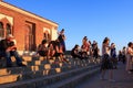 CHEFCHAOUEN, MOROCCO - MAY 29, 2017: Unknown people on the steps of the Mosque Bouzaafer known as Spanish. Its the best view