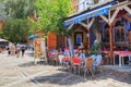 CHEFCHAOUEN, MOROCCO - MAY 29, 2017: View of the restaurant Paloma in center of Chaouen. The city is noted for its buildings in Royalty Free Stock Photo