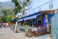 CHEFCHAOUEN, MOROCCO - MAY 28, 2017: View of the restaurant Paloma in center of Chaouen. The city is noted for its buildings in Royalty Free Stock Photo
