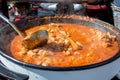 Cheff cooking delicious chicken soup dish outdoor.