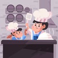 Cheff with white and blue costume is teaching to student how to cook recipe in kitchen cartoon flat color style isolated Royalty Free Stock Photo