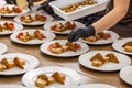 Chefs are arranging meat and toast bread pieces