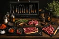 Chefs barbecue setup displays premium meat cuts arranged attractively, complemented by spices and tools, ready for grilling at a Royalty Free Stock Photo