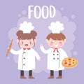 Chefs boy and girl with pizza and rolling pin cartoon character