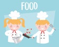 Chefs girl and boy with ladle saucepan and vegetables cartoon character