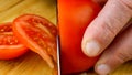 Chefs hands are cutting juicy ripe tomato with kitchen knife on wooden cutting board. 16x9 format. Close-up