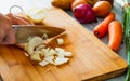 Chefs hands with knife chopping vegetables