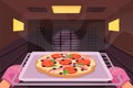 Chefs hands in protection kitchen mitts open oven door to pull out tray with baked pizza