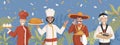 Chefs in national clothes vector flat illustration. Chinese, Indian, Mexican, and Japanese cuisines.