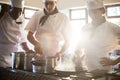 Chefs preparing food at stove Royalty Free Stock Photo