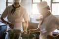 Chefs preparing food at stove Royalty Free Stock Photo