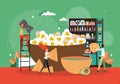 Chefs preparing popcorn, crackers. Man buying snacks from vending machine, vector illustration. Snack foods industry.