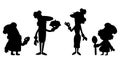 Chefs silhouettes icons, holding dishes, chef cap and uniform, Cartoon style vector illustration