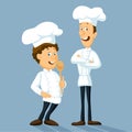 Chefs in uniform standing and smiling. - Professional master hold wooden spoon vector