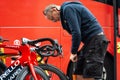 Chelm, Lubelskie, Poland - July 31, 2022: 79 Tour de Pologne, A technician is preparing the bikes for the race