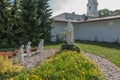 Shrine, the Basilica of the Virgin Mary in Chelm in eastern Poland near Lublin. Rosarium or rosary garden with statues of the