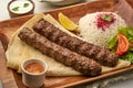 Chelo Kebab with rice, lime, salad, tomato, raita and sauce served in a dish isolated on grey background side view of fastfood