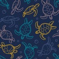 Cheloniidae. Seamless pattern with turtles. Linear graphics. Animal world under water. Ocean.