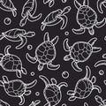 Cheloniidae. Seamless pattern with turtles. Linear graphics. Animal world under water. Ocean.