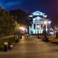 Chelyabinsk city at the center at night with a people walking