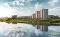 Chelyabinsk city landscape with a blue sky and Miass river.