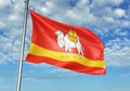 Chelyabinsk Oblast region of Russia Flag waving with sky on background realistic 3d illustration