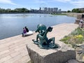 Chelyabinsk, Russia, June, 12, 2021. People relax on the embankment of Miass river in the city of Chelyabinsk in the summer