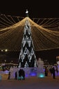 Chelyabinsk, Ural Russia - 01 03 2023: New Year's Square in the center of Chelyabinsk and an ice town with sculptures.