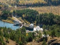 Chemal hydroelectric power station. Autumn view from the mountain to the Katun river. Chemal, Altai Republic, Russia