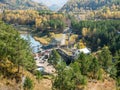 Chemal hydroelectric power station. Autumn view from the mountain to the Katun river. Chemal, Altai Republic, Russia