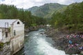 Chemal, a view from the dam of an old hydroelectric power station on the Katun River Royalty Free Stock Photo