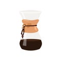 Chemex glass pot with hot freshly brewed speciality coffee. Pour over craft coffeemaker. Alternative coffee brewing