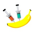 Chemical additives in food or genetically modified fruit concept. Banana with syringes of chemicals.