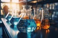 Chemical analysis Chemists use beakers, flasks, test tubes in experiments Royalty Free Stock Photo