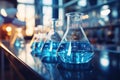 Chemical analysis Chemists use beakers, flasks, test tubes in experiments Royalty Free Stock Photo