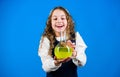 Chemical analysis. Harmful and vital options of chemical solute. Girl school pupil study chemical liquids. School Royalty Free Stock Photo