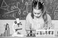 Chemical analysis. Test tubes with substances. Laboratory glassware. School laboratory. Girl smart student conduct Royalty Free Stock Photo