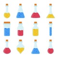 Chemical, biological science laboratory equipment - test tubes and flasks icons.