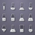 Chemical, biological science laboratory equipment - test tubes and flasks icons