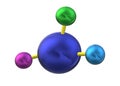 A chemical bonding symbol representation of one larger atom binding to three smaller atoms